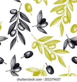 Seamless vector pattern with ink hand drawn olive tree twigs isolated on white. Vintage olive background