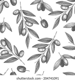 Seamless vector pattern with ink hand drawn olive tree twigs isolated on white. Vintage olive background