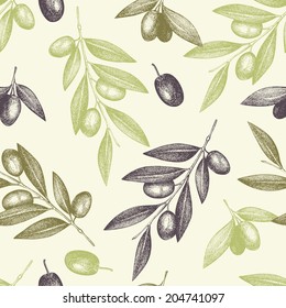 Seamless vector pattern with ink hand drawn olive tree twigs. Vintage olive background