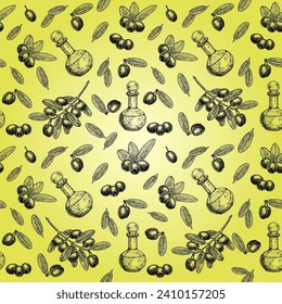 Seamless vector pattern with ink hand drawn olive tree and olive oil isolated on white. For design food product and olive oil label. Vintage olive background