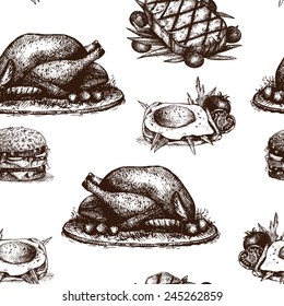 Seamless vector pattern with ink hand drawn food illustration isolated on white for restaurant or cafe menu.