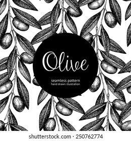 Seamless vector pattern with ink hand drawn olive tree twigs. Vintage black and white olive background