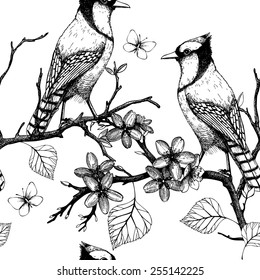 Seamless vector pattern with ink hand drawn birds on blooming  tree twigs. Vintage sketch background isolated on white