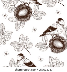 Seamless vector pattern with ink hand drawn birds on tree twigs. 