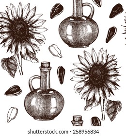 Seamless vector pattern with ink hand drawn sunflower seed oil sketch isolated on white.