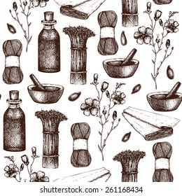 Seamless vector pattern with ink hand drawn flax sketch isolated on white.