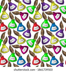 Seamless vector pattern with inkwells and pens