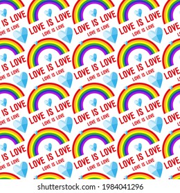 Seamless vector pattern with the inscriptions "love is love", blue faceted hearts and LGBT rainbow. Pride pattern. Color illustrations isolated on a white background. For wrapping paper, textiles.