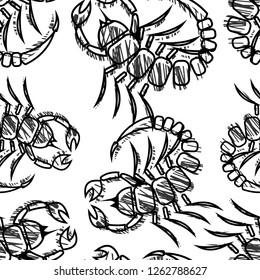 Seamless vector pattern of insect, black and white hand drawn scorpions. Sketch pencil liberty drawing. Print for fabric, wallpaper, backgrounds, wrapping, packaging, packing