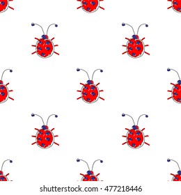Seamless vector pattern with insect. Cute hand drawn endless background with childish ladybugs. Series of Doodle, Cartoon and Sketch vector seamless patterns.