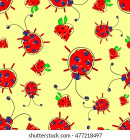 Seamless vector pattern with insect. Cute hand drawn endless background with childish ladybugs and strawberry. Series of Doodle, Cartoon and Sketch vector seamless patterns.