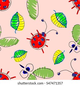 Seamless vector pattern with insect. Cute hand drawn endless background with childish ladybugs, mosquito and leaves. Series of Doodle, Cartoon and Sketch vector seamless patterns