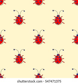 Seamless vector pattern with insect. Cute hand drawn endless background with childish ladybugs. Series of Doodle, Cartoon and Sketch vector seamless patterns