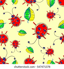 Seamless vector pattern with insect. Cute hand drawn endless background with childish ladybugs and leaves. Series of Doodle, Cartoon and Sketch vector seamless patterns