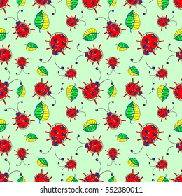 Seamless vector pattern with insect. Cute hand drawn endless background with childish ladybugs and leaves. Series of Doodle, Cartoon and Sketch vector seamless patterns