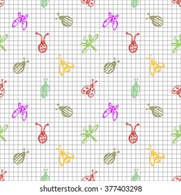 Seamless vector pattern with insects, background with ladubugs, wasps, beetle, butterflies and dragonflies. Hand sketch drawing. Imitation of ink pencilling. Series of Insects and Hand Drawn Patterns.