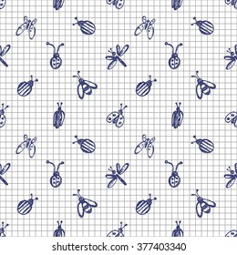 Seamless vector pattern with insects, background with ladubugs, wasps, beetle, butterflies and dragonflies. Hand sketch drawing. Imitation of ink pencilling. Series of Insects and Hand Drawn Patterns.