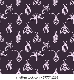 Seamless vector pattern with insects, background with ladubugs, wasps, beetle, butterflies and dragonflies. Hand sketch drawing. Imitation of ink pencilling. Series of Insects and Hand Drawn Patterns.