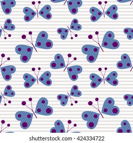 Seamless vector pattern with insects, background with blue stylized decorative butterflies on the grey lined backdrop. Series of Insects Seamless Patterns.