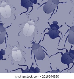 Seamless vector pattern with insects. Beetles of different sizes and types in blue colors. Illustration for printing onto fabric, wallpaper, notebooks and more. 