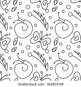 Seamless vector pattern with insects, black and white background with snails, butterflies and dots.