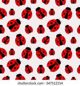 Seamless vector pattern with insects, chaotic background with bright close-up ladybugs, over light  backdrop