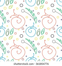 Seamless vector pattern with insects, chaotic colorful background with snails, leaves and dots.