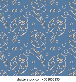 Seamless vector pattern with insects, chaotic blue background with ladybugs and leaves