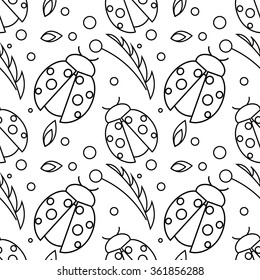 Seamless vector pattern with insects, chaotic black and white background with ladybugs and leaves on the white backdrop.
