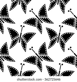 Seamless vector pattern with insects, chaotic black and white background with closeup butterflies.