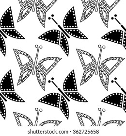 Seamless vector pattern with insects, chaotic black and white background with closeup butterflies.