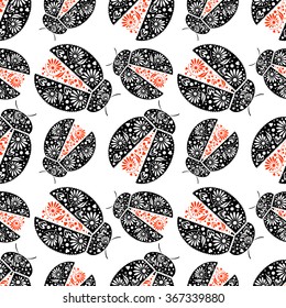 Seamless vector pattern with insects, Chaotic background with bright decorative black and red closeup ladybugs, over white backdrop. Series of Animals and Insects Seamless Patterns.