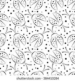 Seamless vector pattern with insects, chaotic black and white background with decorative closeup ladybugs and dots,  on the blue backdrop. Series of Animals and Insects Seamless Patterns.