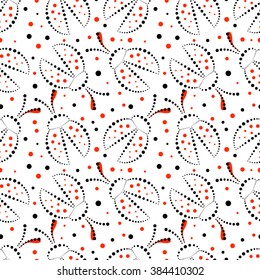 Seamless vector pattern with insects, chaotic black, red and white background with decorative closeup ladybugs and dots,  on the blue backdrop. Series of Animals and Insects Seamless Patterns.