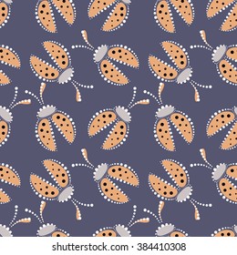 Seamless vector pattern with insects, chaotic background with pastel decorative closeup ladybugs,  on the blue backdrop. Series of Animals and Insects Seamless Patterns.