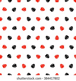 Seamless vector pattern with insects, chaotic background with bright red and black decorative ladybugs,  on the white backdrop. Series of Animals and Insects Seamless Patterns.