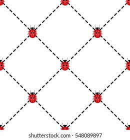 Seamless vector pattern with insects, chaotic background with bright close-up ladybugs, over light backdrop

