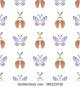 Seamless vector pattern with insects. Colorful ornamental background with ladybugs and butterflies. Decorative repeating ornament, Series of Insects Seamless Pattern.