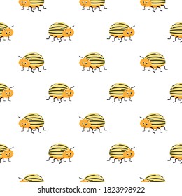 Seamless vector pattern with insects, cute background with comic colorado beetle.