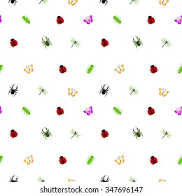 Seamless vector pattern with insects, cute colorful background with little spiders, ladybugs, caterpillars and butterflies, over white backdrop