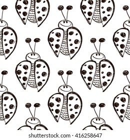 Seamless vector pattern with insects. Cute hand drawn background with ladybugs on the white backdrop. Series of Cartoon, Doodle, Sketch Seamless Patterns.