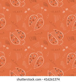 Seamless vector pattern with insects. Cute hand drawn background with ladybugs and scribble on the red backdrop. Series of Cartoon, Doodle, Sketch Seamless Patterns.