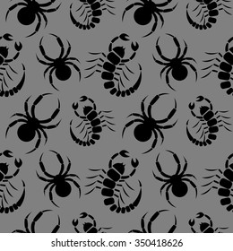 Seamless vector pattern with insects, dark chaotic background with closeup scorpions and spiders