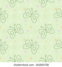 Seamless vector pattern with insects, green pastel background with butterflies and dots.
