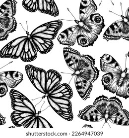 Seamless vector pattern with insects. Monarch butterfly, hive butterfly, peacock butterfly in engraving style