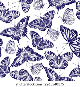 Seamless vector pattern with insects. Monarch butterfly, hive butterfly, peacock butterfly, butterfly swallowtail, pieridae in engraving style