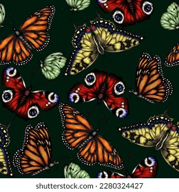 Seamless vector pattern with insects. Monarch Butterfly, Peacock Butterfly, Swallowtail Butterfly, Pieridae in Engraving Style