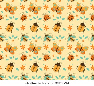 Seamless Vector Pattern of Insects in Retro-Styled