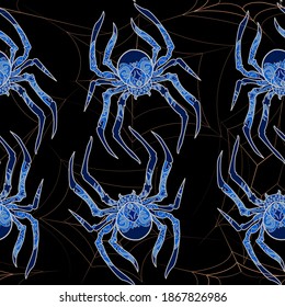 Seamless vector pattern with insects, spiders and spiders web.