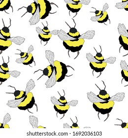 Seamless vector pattern with insects, symmetrical background with closeup yellow bee on the light backdrop.